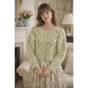 CAROLINE CONSTAS Sage Floral Appliqués Diamond Knit Cropped Cardigan XS NWT